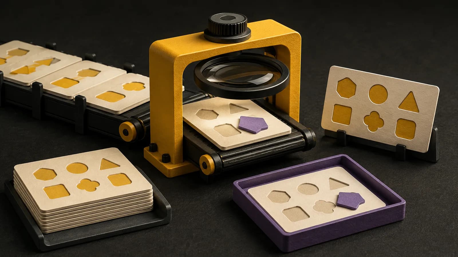 Illustration of sample outputs compared with a reference card, with a mismatched result caught on a test bench.