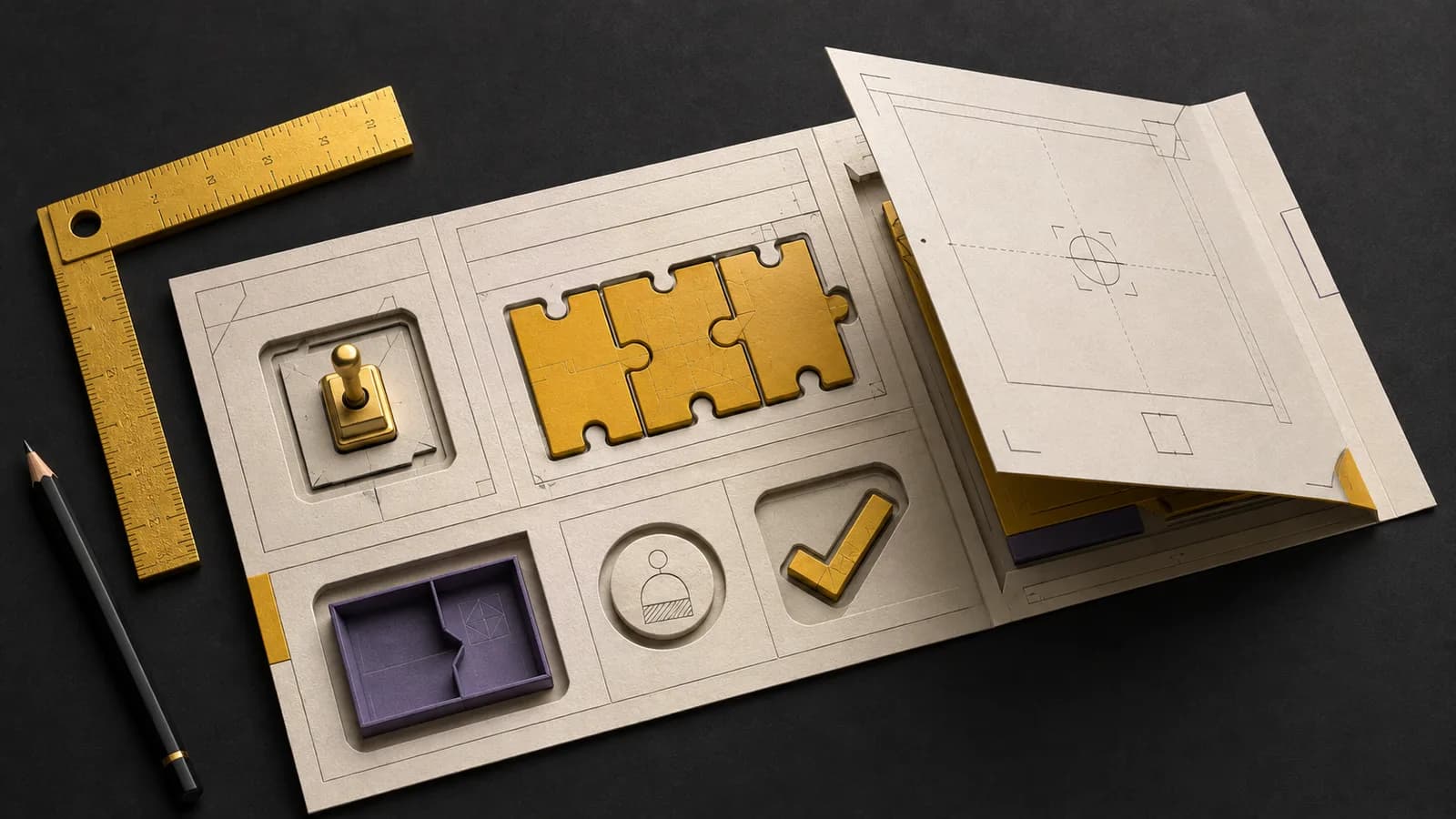 Illustration of a fold-out project brief organizing a trigger, rules, exceptions, ownership, and acceptance checks.