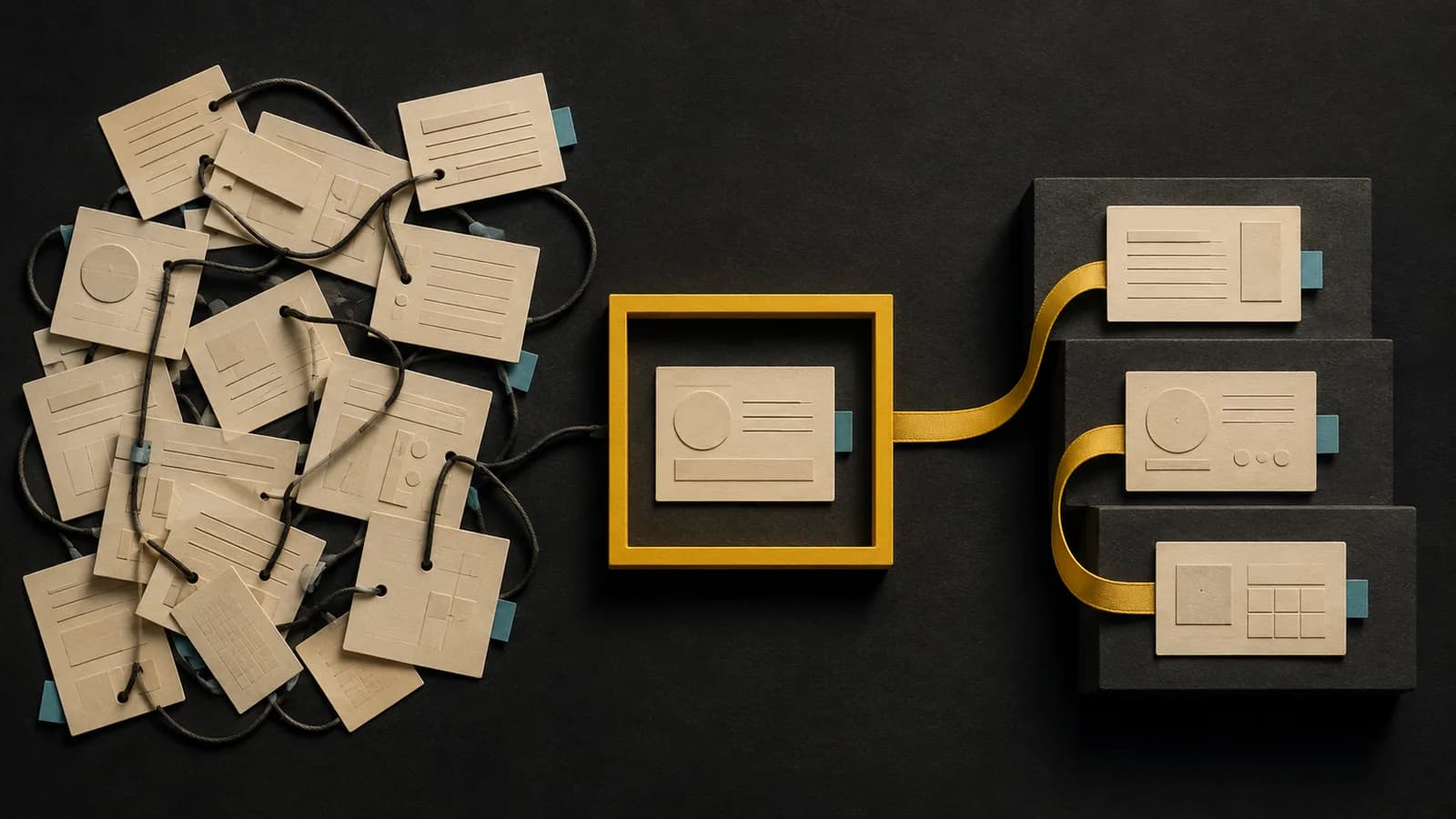 Illustration of a tangled task backlog narrowed to one selected workflow and three prioritized steps.