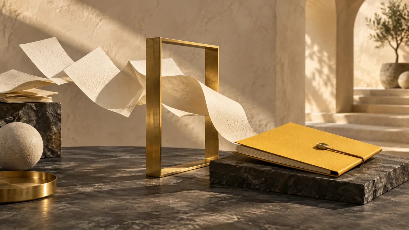 Loose cream scope pages pass through a brass frame into a neatly bound yellow proposal folder.