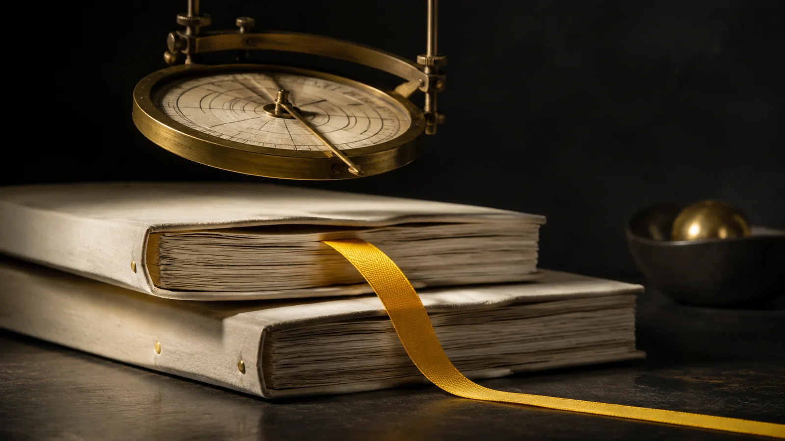 A brass-edged mechanical time dial suspended over two stacked ivory accounting ledgers, a single yellow ribbon passing from one month's ledger into the next. Conceptual editorial illustration.