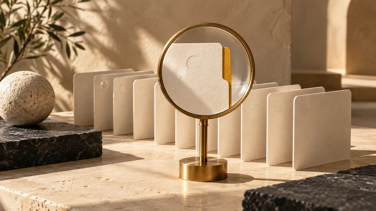 A brass magnifying lens selects a cream candidate card with a yellow tab from a group of cards.