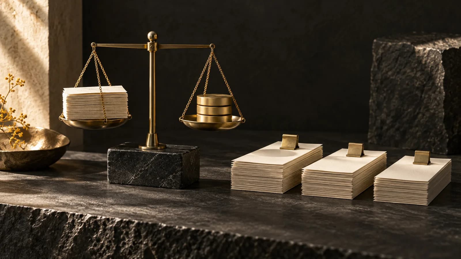 A brass balance compares ivory ledger slips with gold discs on a dark stone surface.
