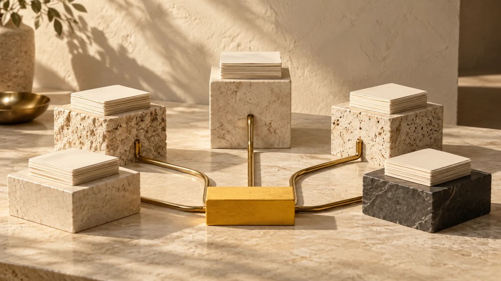 Ivory project blocks and paper cards connected by brass rails to a yellow action marker.