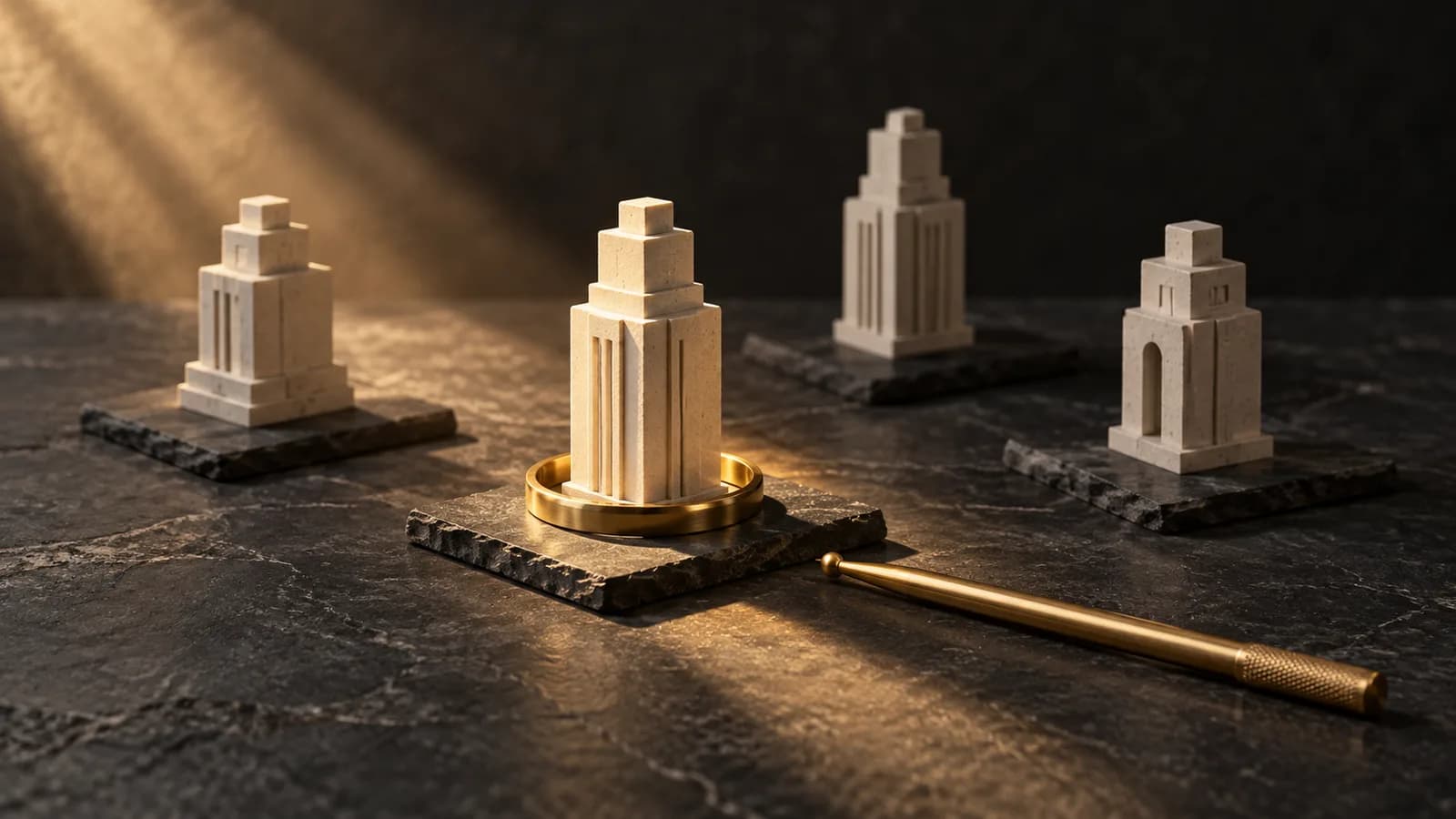 Ivory account towers on charcoal tiles, with a brass ring highlighting one tower.