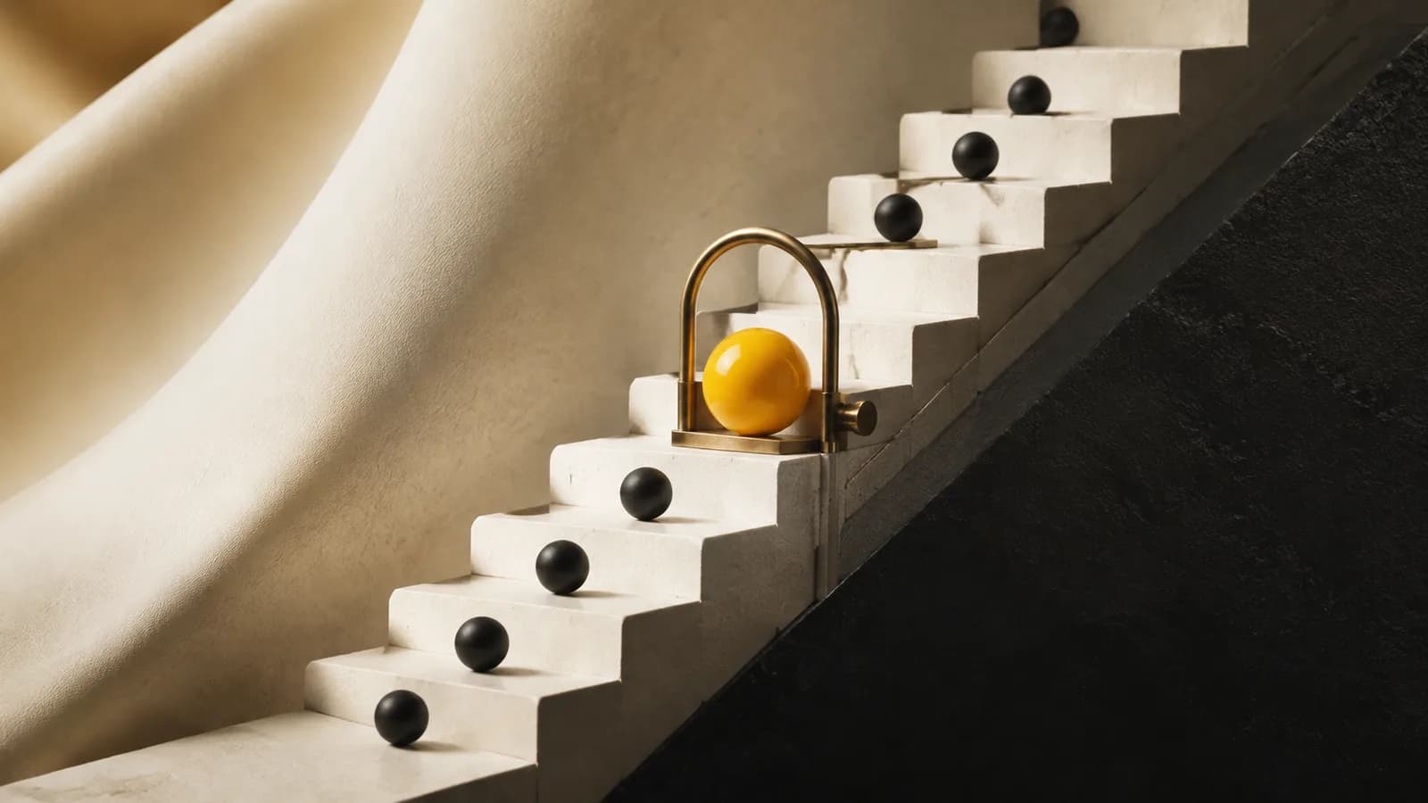 An ivory staircase with small charcoal beads rising along distinct steps, one large yellow bead held at a brass checkpoint halfway up. Conceptual editorial illustration.